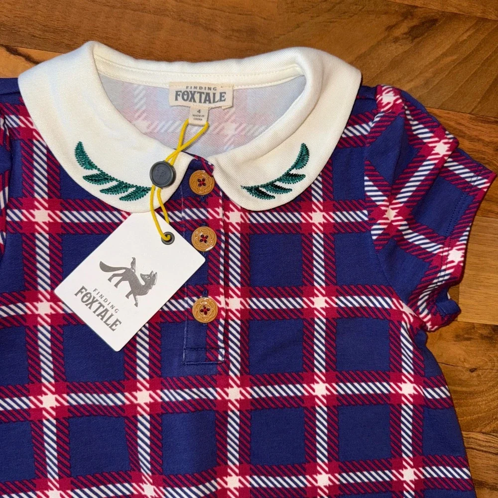 Finding Foxtale Kids Plaid Collar Dress Flowers Pocket Size 4‎ NEW classic